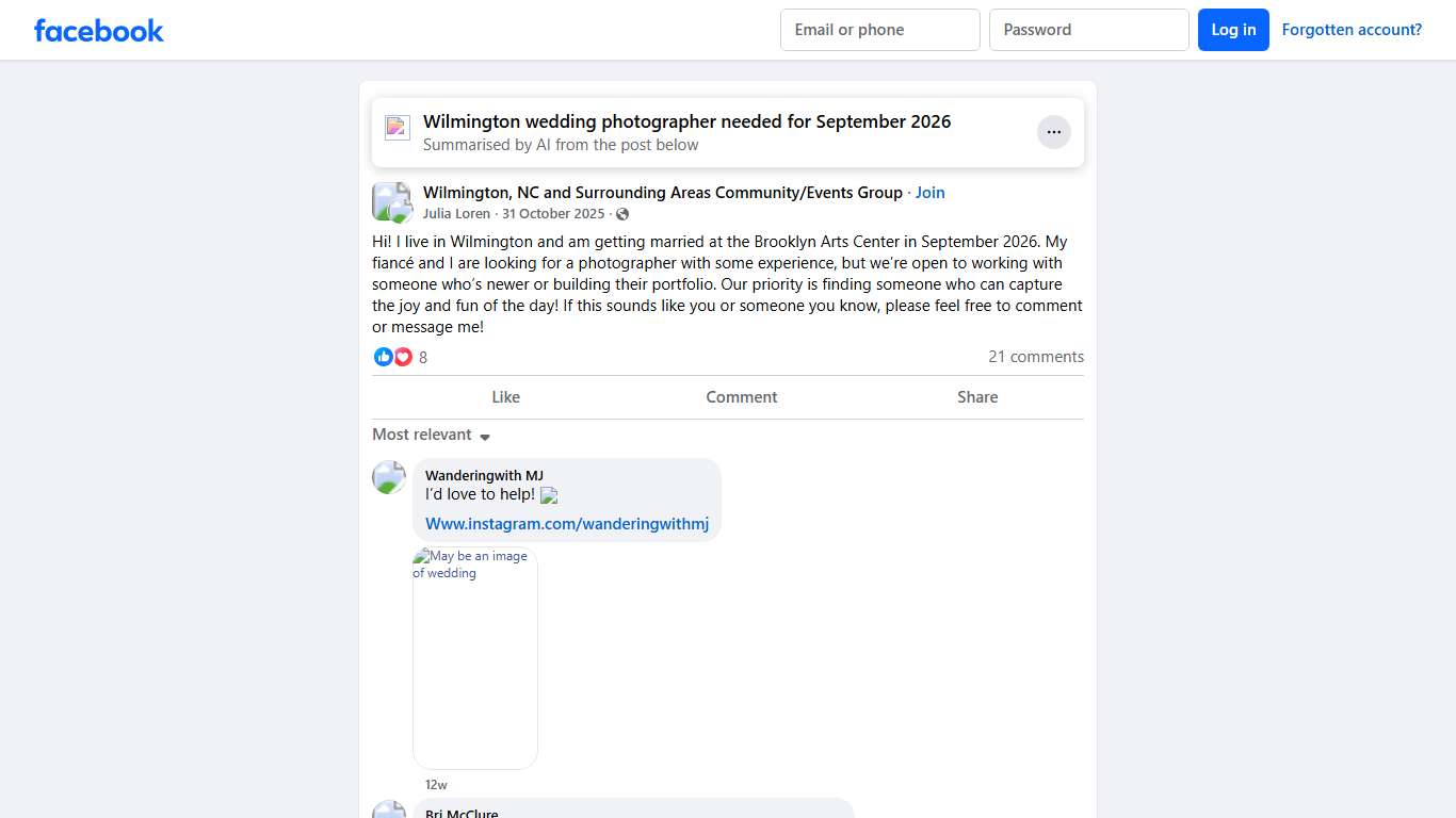 Wilmington, NC and Surrounding Areas Community/Events Group Hi! I live in Wilmington and am getting married at the Brooklyn Arts Center in September 2026 Facebook